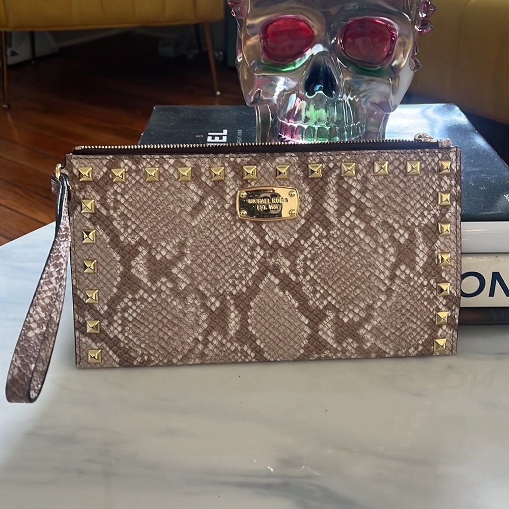 Michael by Michael Kors Saffiano Studded Embossed Leather Zip Clutch